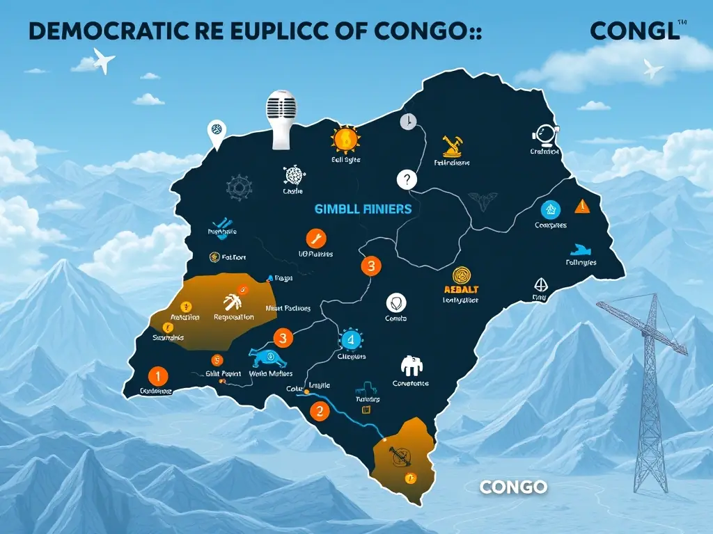 A digital illustration showcasing the Democratic Republic of Congo with a focus on cobalt mining, highlighting the statistic of 70% of global reserves. The image should convey technological advancement and responsible mining practices.