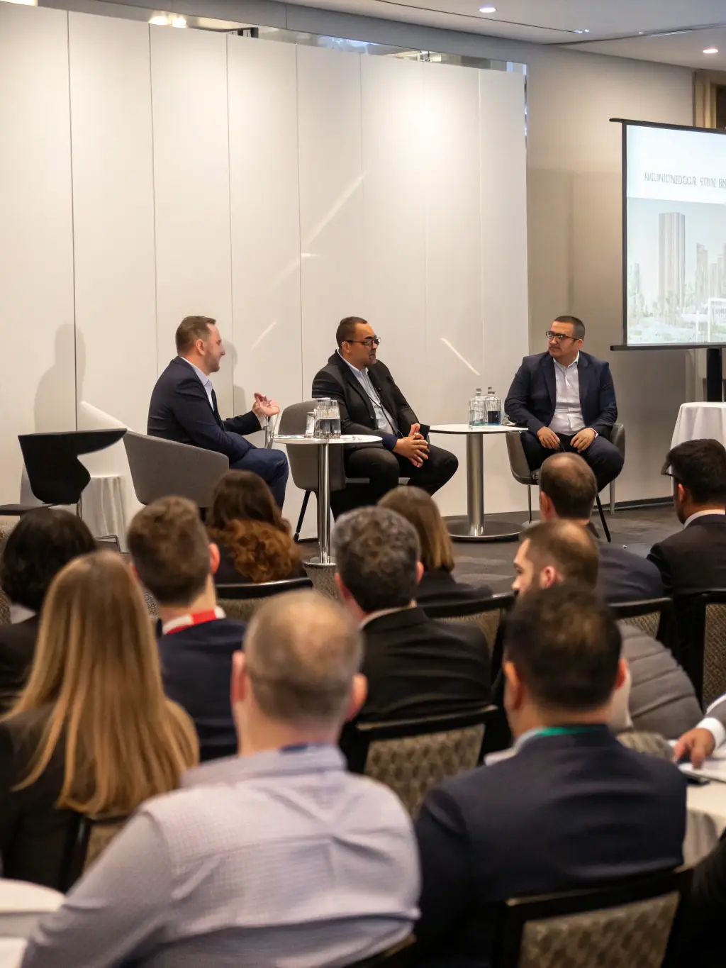 A photograph of a panel discussion at an energy and mining forum, featuring industry leaders discussing sustainable practices.