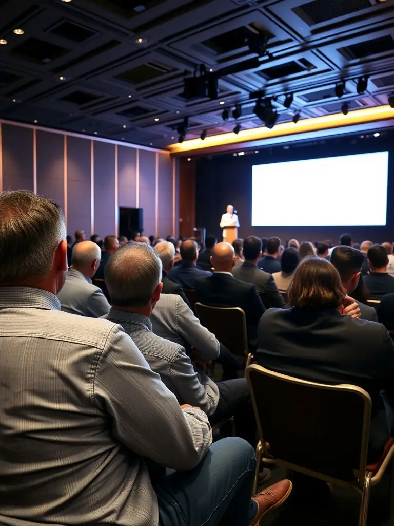 A high-angle photograph of the opening ceremony of a mining and energy investment forum, with attendees networking and DRC flags visible.