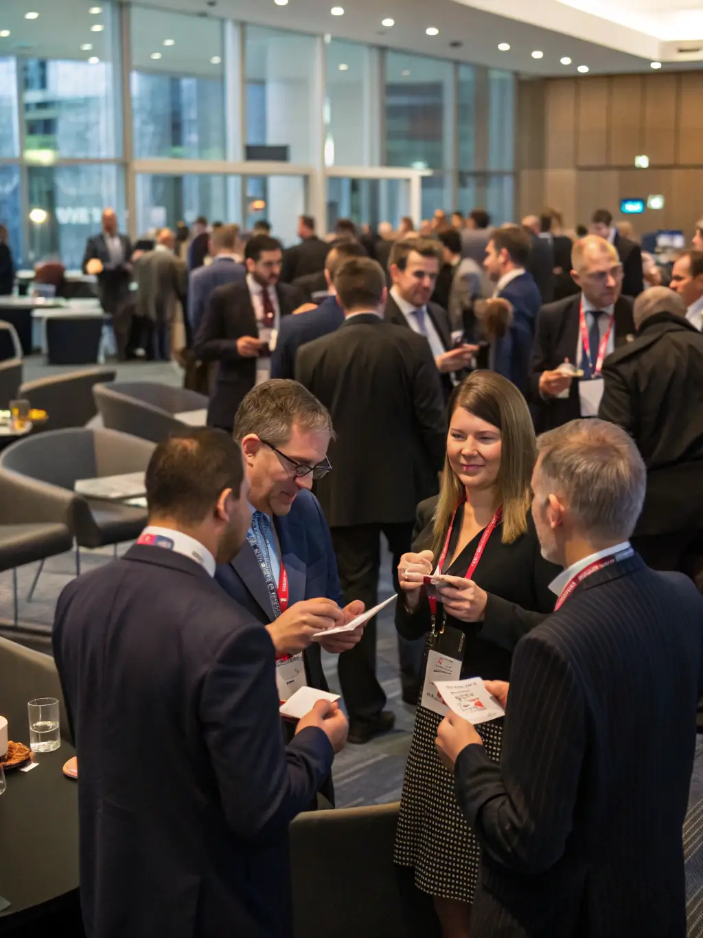 A photograph of a networking event at the forum, with attendees exchanging business cards and discussing potential collaborations.