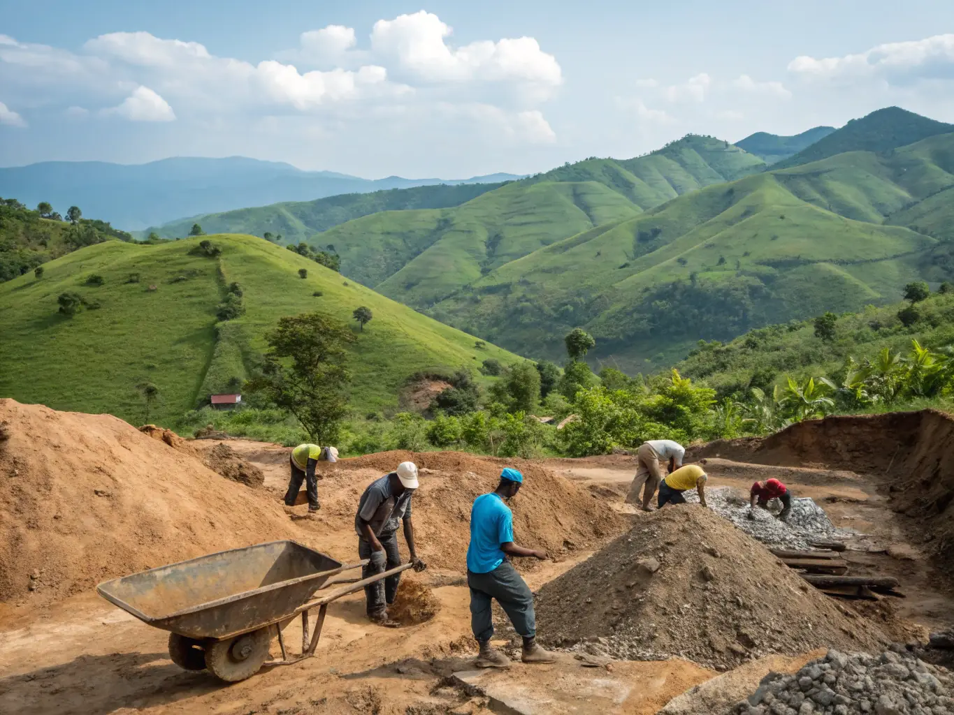 An aerial view of a vast mining area in the DRC, covering 155 million hectares, emphasizing the scale and potential of the country's mining resources. The image should convey the vastness and richness of the land.