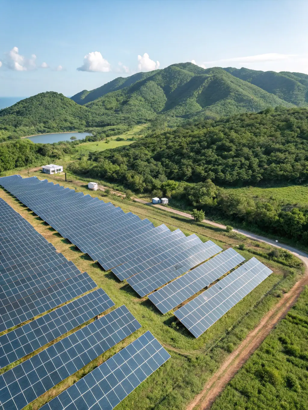 A vibrant photo of a solar power plant in the DRC, emphasizing renewable energy investments and infrastructure development.