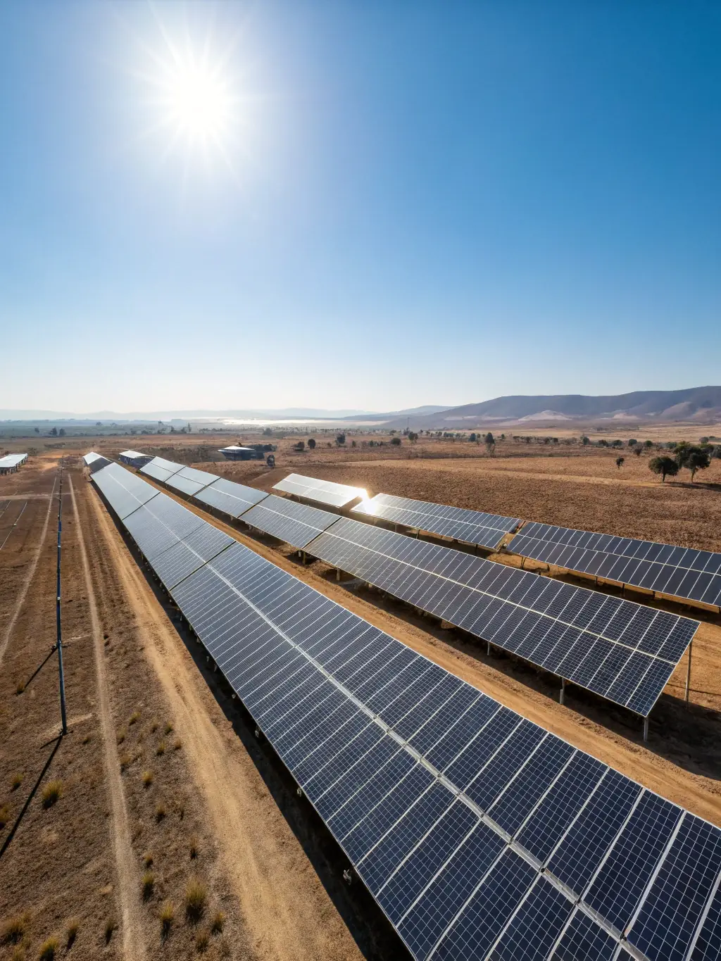A photo of a large-scale solar power plant in the DRC, emphasizing the country's commitment to renewable energy and the potential for solar energy investments.